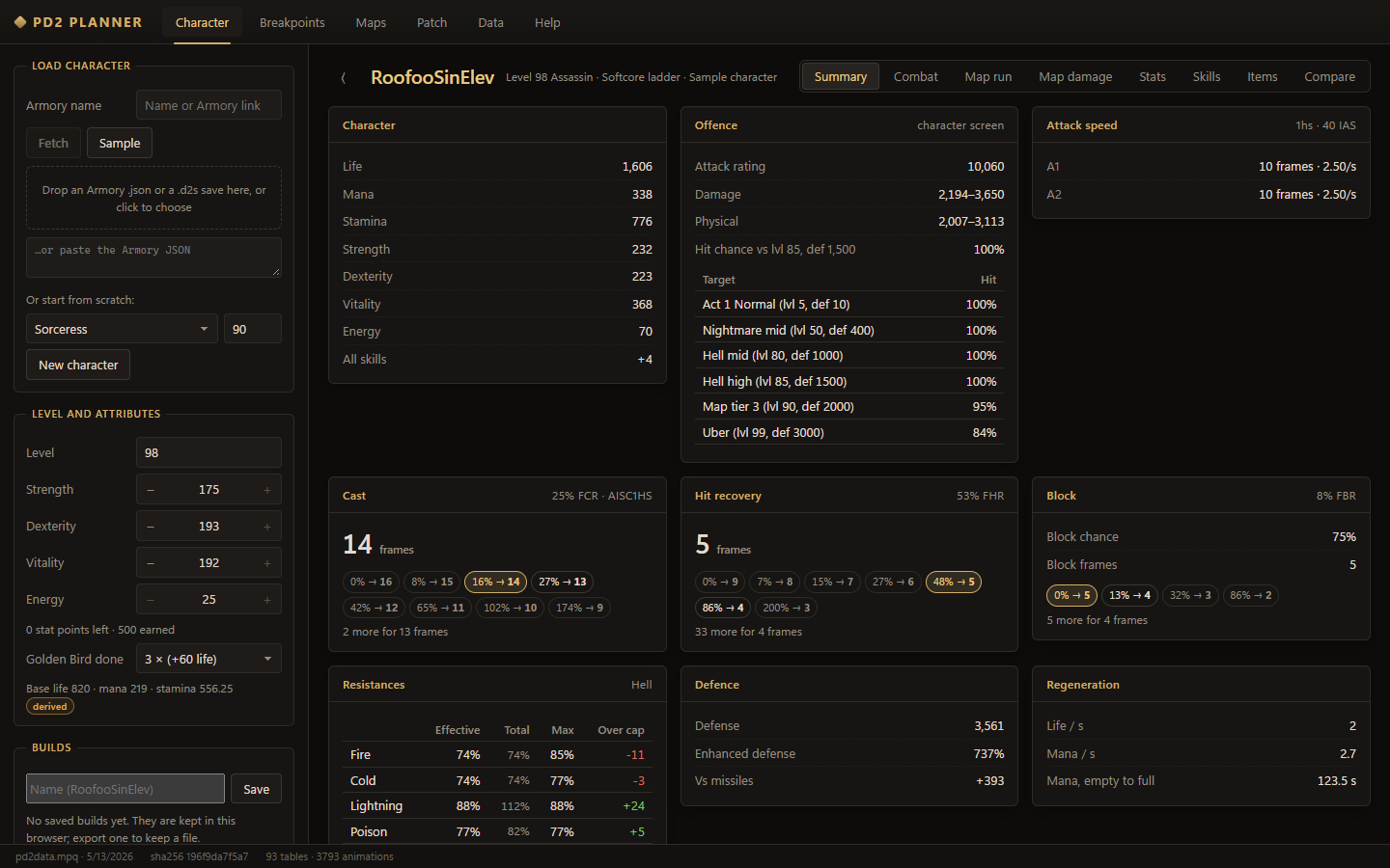Character summary: life, mana, offence, attack speed, cast and hit-recovery breakpoints, block, resistances, defence