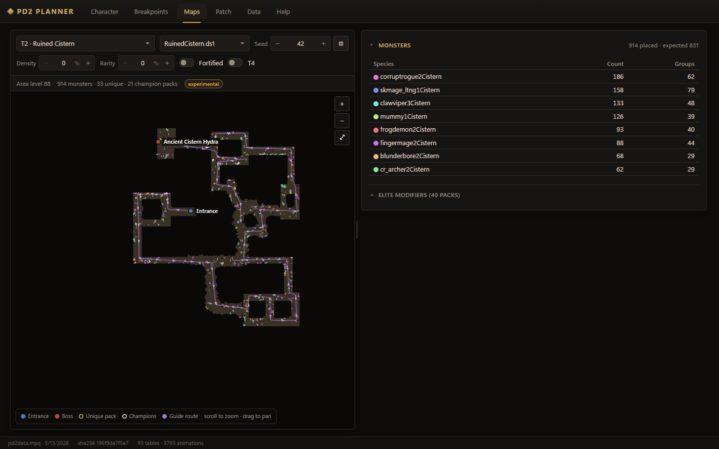 Maps tab: a map layout with its monsters and guide route