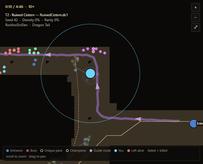Replay of a map run: the character moves along the route, fights packs, monsters close in and die